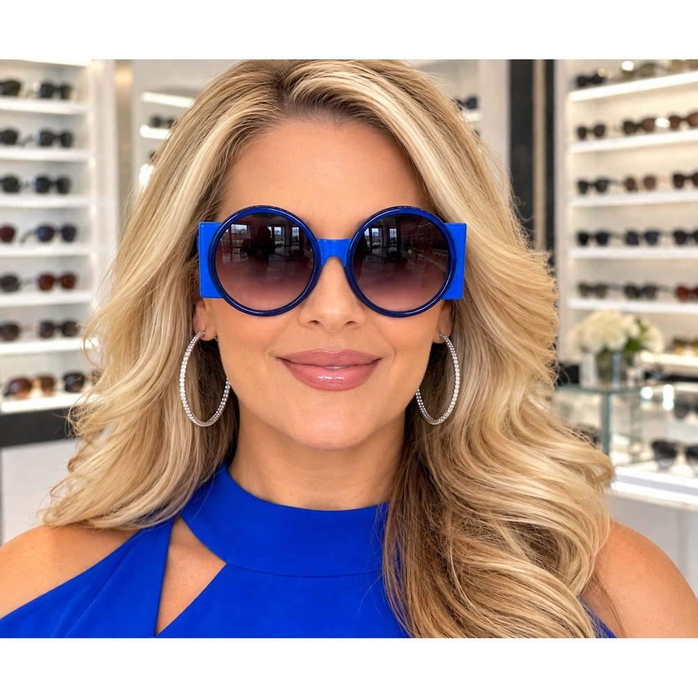 Oversized Round Geometric Blue Black Sunglasses Women Fashion Bold Statement